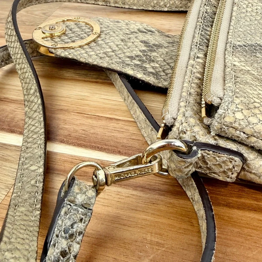 Michael Kors Snakeskin Embossed Leather Crossbody Bag Gold MK Logo Beige Tan